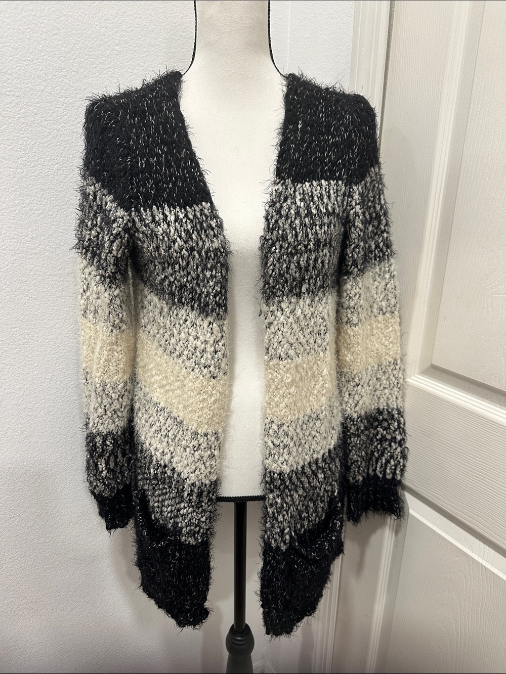 Aqua Black, Gray & Cream Striped Fuzzy Open-Front Cardigan